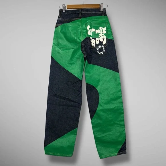 Jaded London Men's Sydney Jeans 24x29 Green Denim Graffiti Back